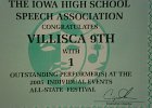 #591C/810: 2005, , State, IHSSA Congratulates Villisca 9th with 1 Outstanding Performer at the Individual Events  All-State Festival (certificate)