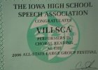 #592/812: 2006, , State, IHSSA Congratulates Villsca Performers in Choral Reading at the Large  Group All-State Festival (certificate) (yes, Villisca is misspelled on the certificate),