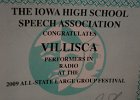 #603/854: 2009, , , IHSSA Congratulates Villisca Performers in Radio at the All-State Large Group Festival (certificate)